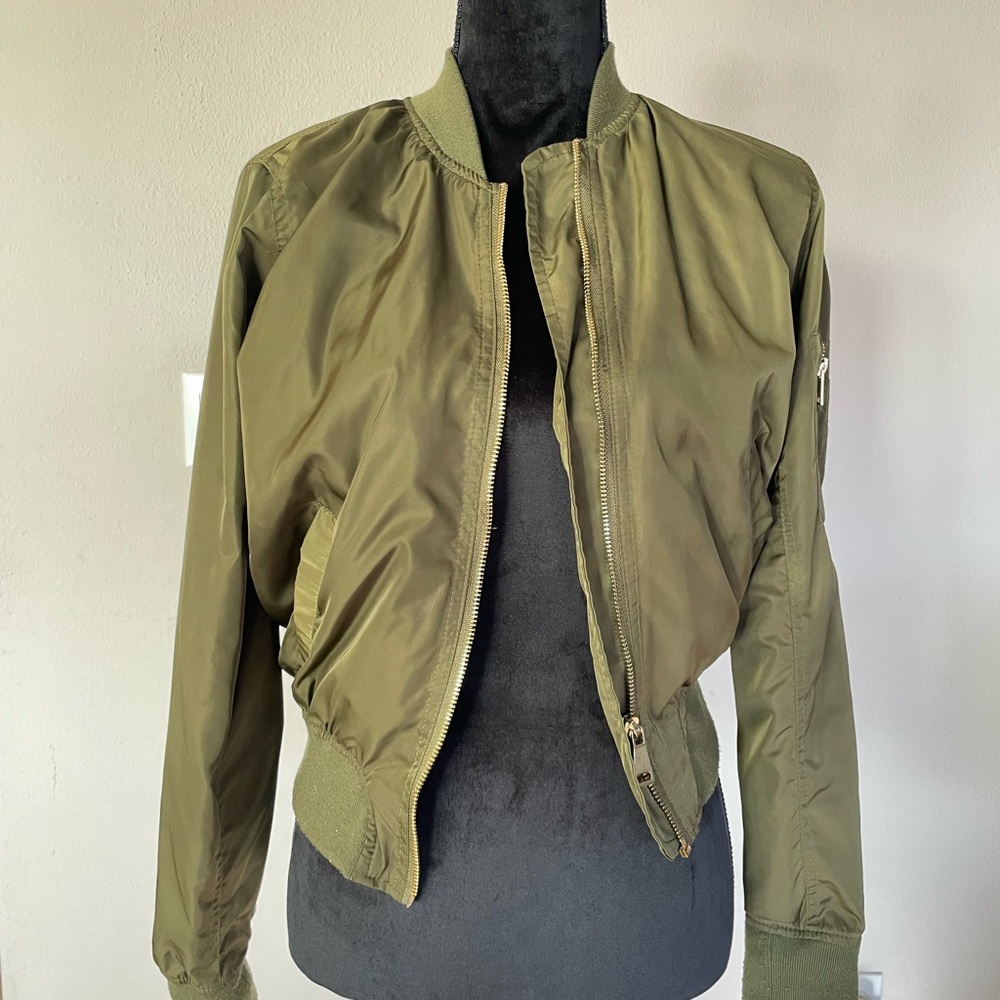 Olive Green Bomber Jacket Gold Tone Zippers Lightweight Utility Style - Picture 2 of 4